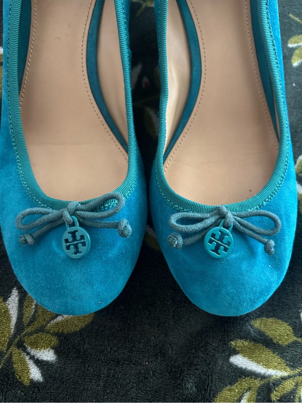 Tory Burch Turquoise Suede Logo Bow Ballet Flats